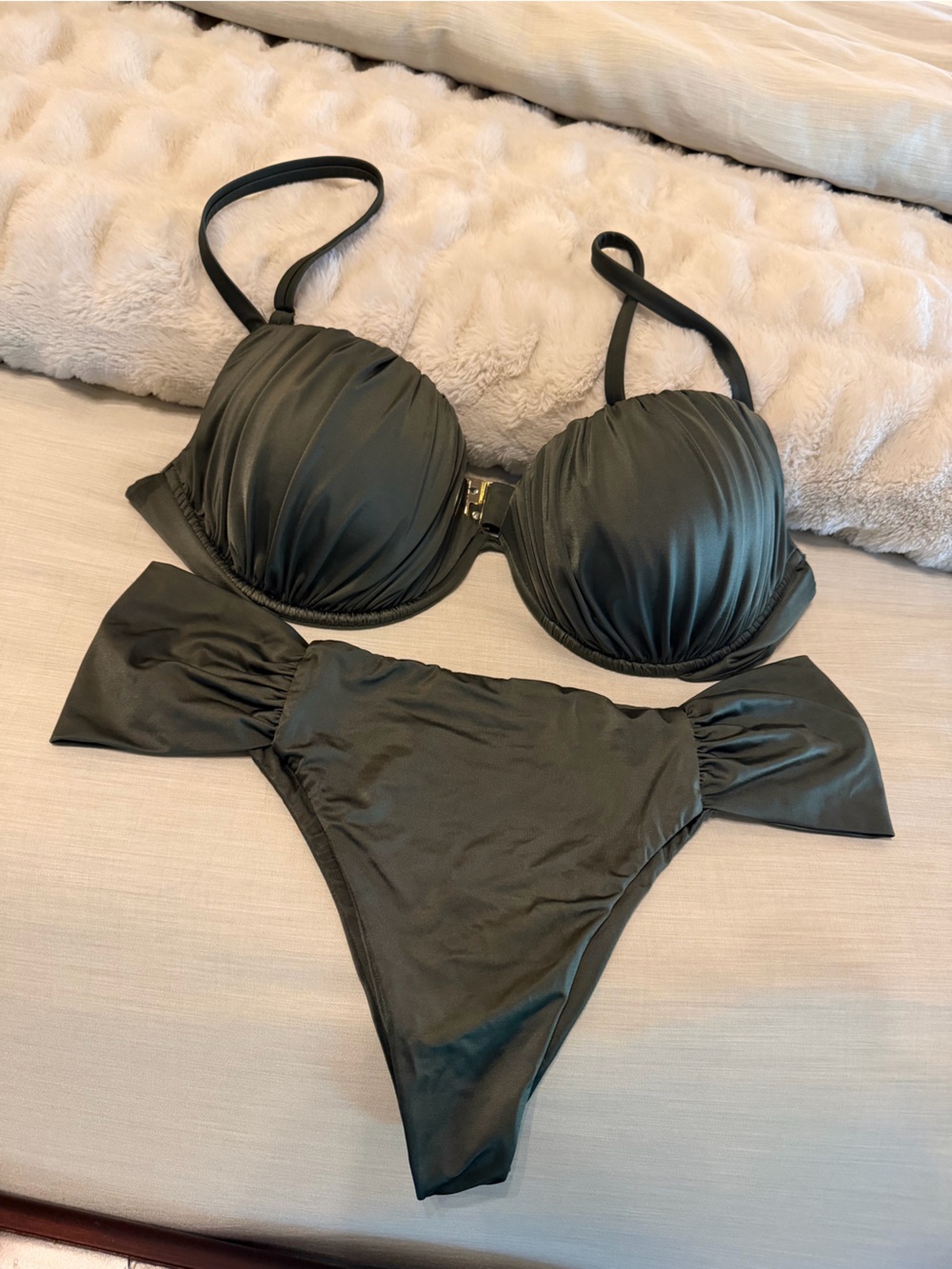 Calzedonia Push Up Top & Draped Brazilian Bottom in Green Shiny Satin